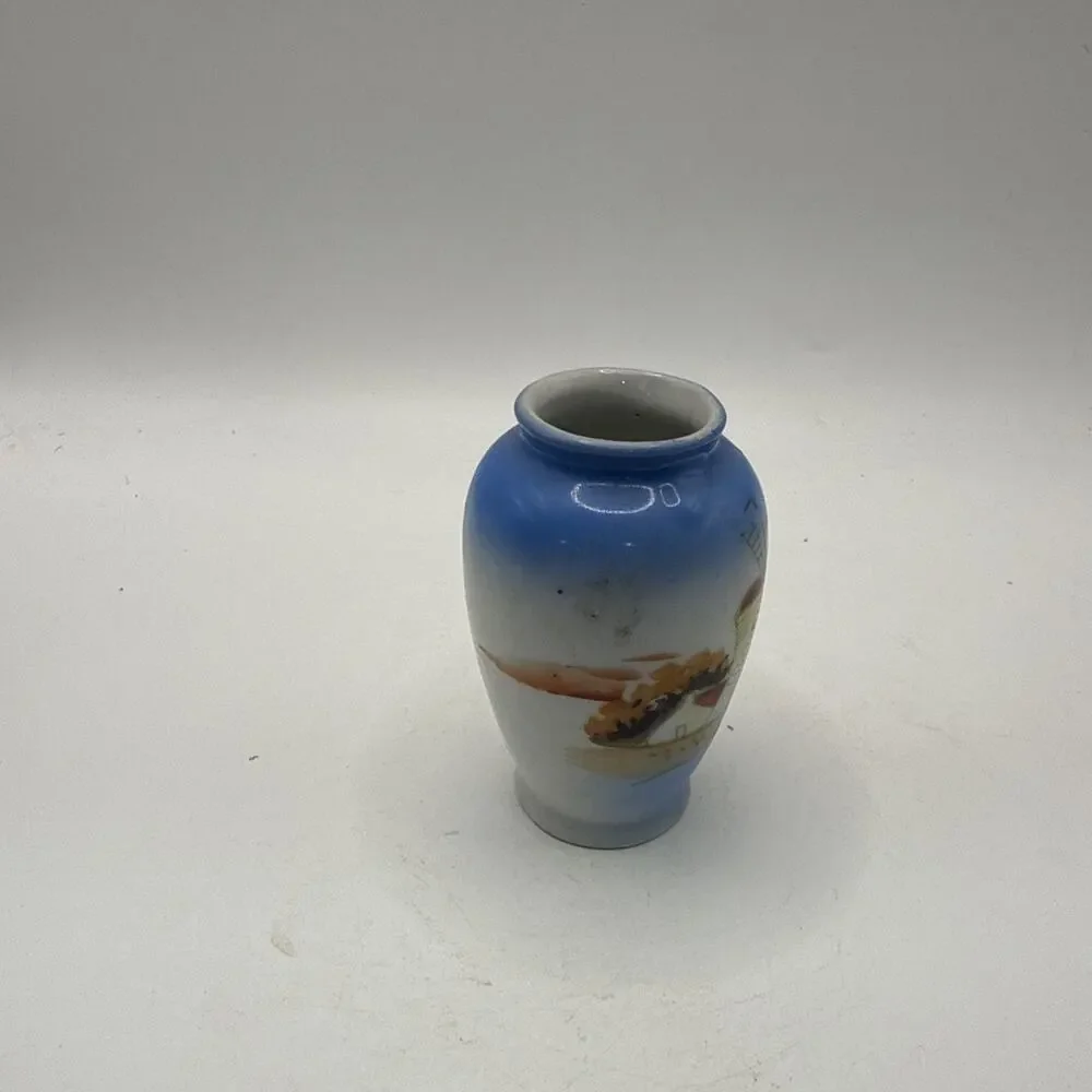 Vintage Miniature Porcelain Vase 2 3/4” Windmill Scene Blue Hand Painted Japan *